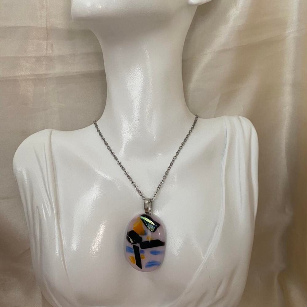 Artisan blown Glass Pendant Multicolor Oval w/ Metallic Foil